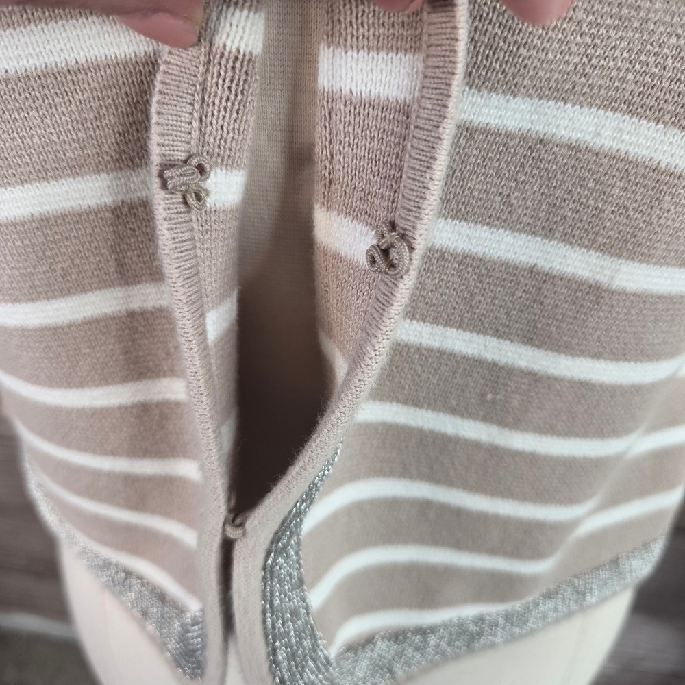 Banana Republic Petite M Tan White Striped Cardigan Metallic Trim 3/4 Sleeve - Picture 4 of 7